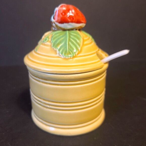 Vintage Round Jam Jelly Jar Strawberry Top with Spoon Imported Giftcraft Japan - Picture 1 of 13